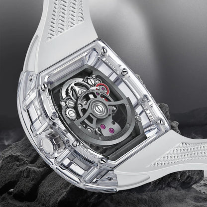 BONEST GATTI Automatic Movement Tourbillon Mechanical Wristwatch Crystal Case Luminous Watch Fluororubber Strap Watches for Men
