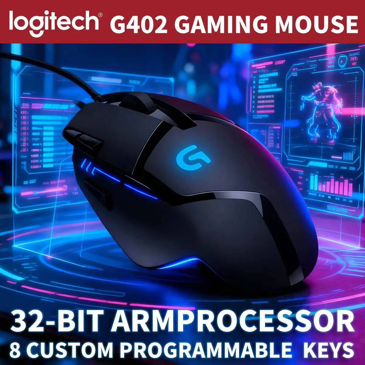 „Logitech G402“ žaidimų pelė su „Fusion Engine“ technologija, 4 DPI nustatymais, 32 bitų procesoriumi ir neslystančia danga profesionaliam konkurenciniam žaidimui