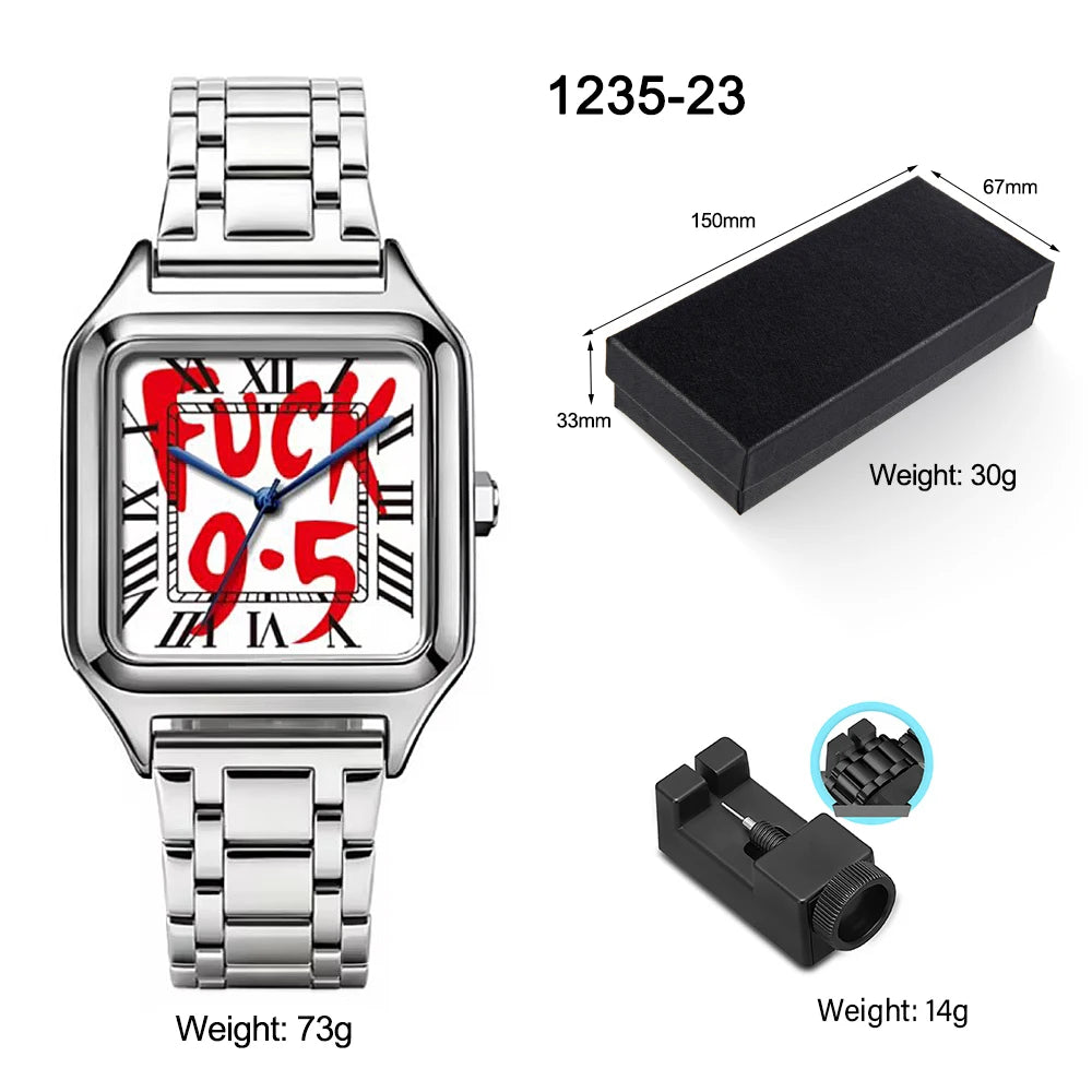 FUCK9.5 Stainless Steel Alloy Square Dial Simple Elegant Ins Style Light Luxury High-end Unisex Square Waterproof Quartz Watch