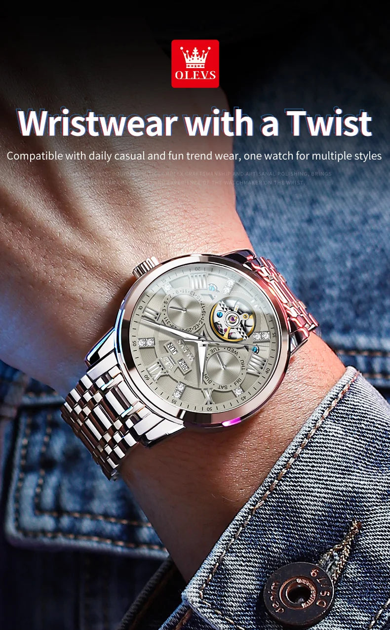 OLEVS 6701 Men's Watch Luxury Waterproof Auto Date Mechanical Watch For Men Hollow Skeleton Diamond Wristwatch Luminous Clock