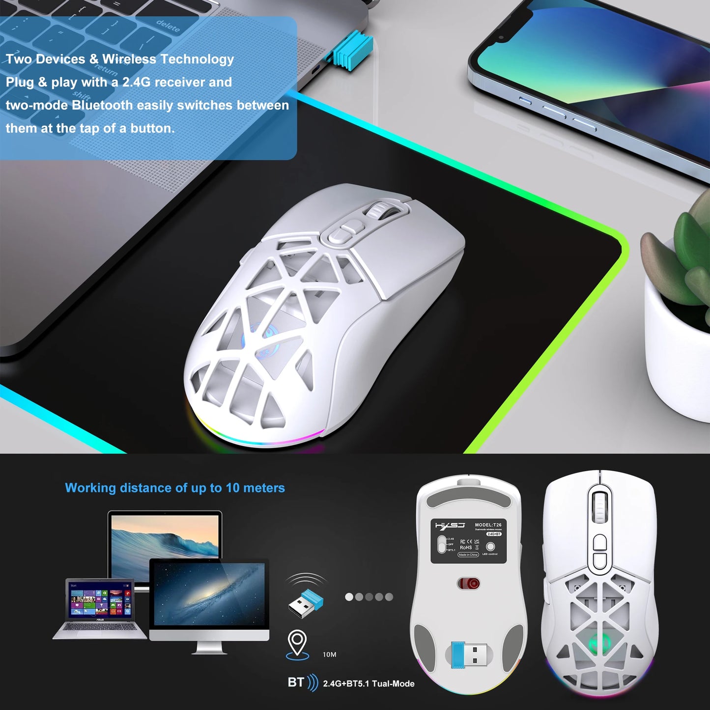 HXSJ T26 Dual Mode Gaming Mouse 2.4G+BT5.1 Wireless Mouse Gaming for Laptop 4800DPI Adjustable Ergonomic Optical Computer Gamer
