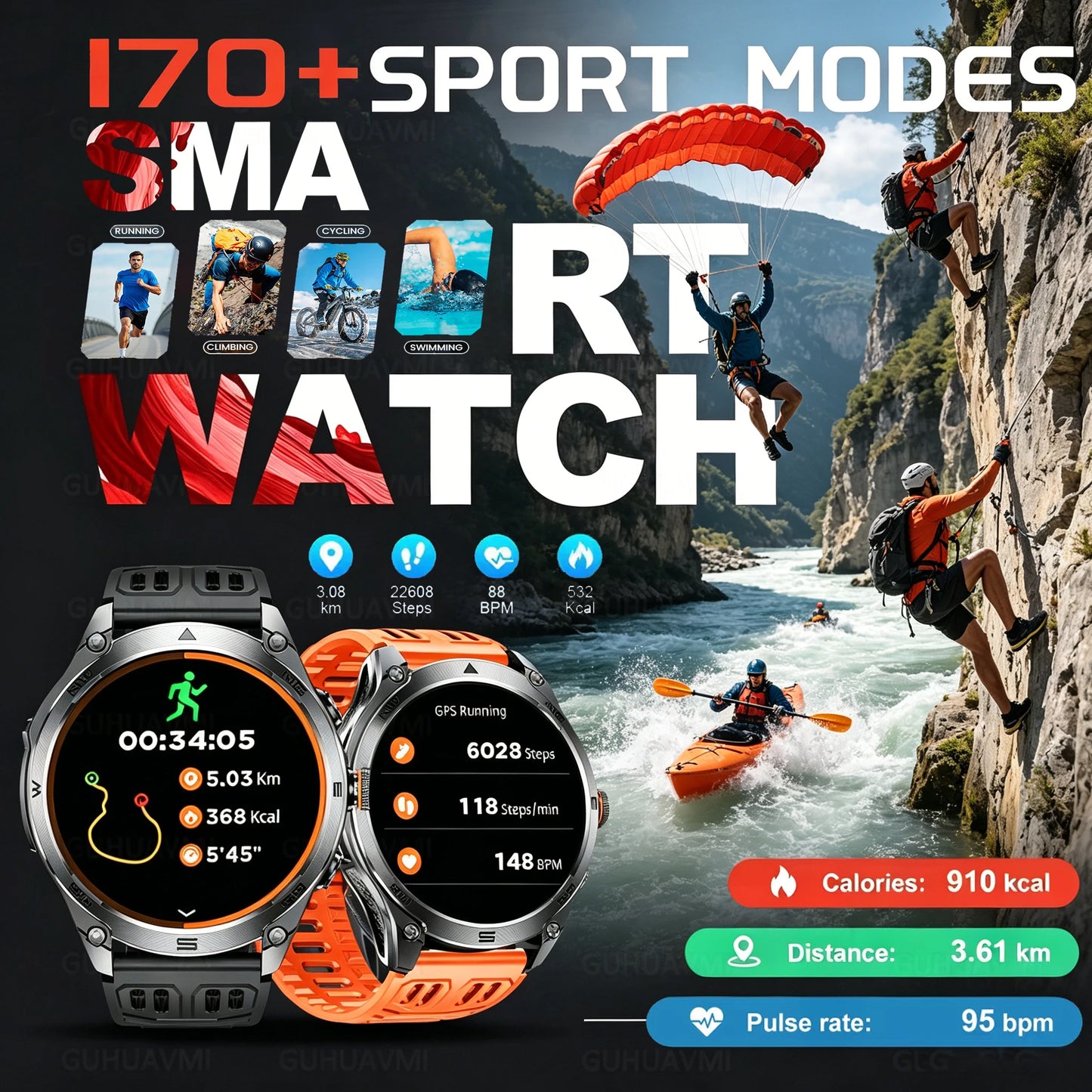 2026 New Military GPS Smart Watch 1000Mah Battery Compass IP68 Waterproof Tactics Sport Flashlight BT call Smart Watch For Men