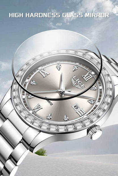 LIGE elegant women's watch Fashion waterproof clock luminous stainless steel business quartz watch for Women reloj de mujer+BOX