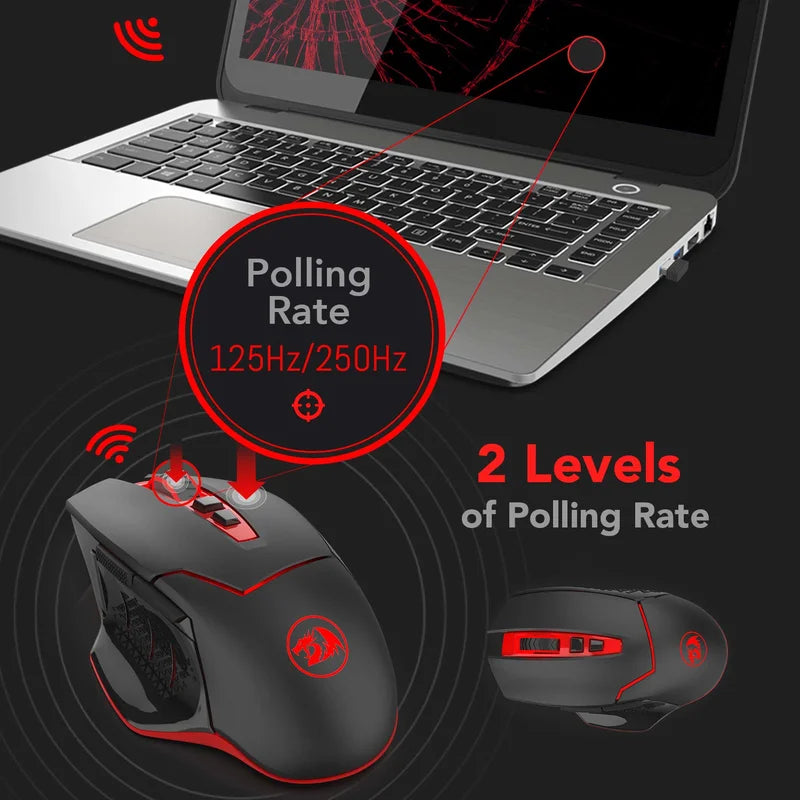 Mouse gaming wireless Redragon M690-1 2.4Ghz cu schimbare DPI, 2 butoane laterale, 2400 DPI, design ergonomic, 8 butoane - mouse negru