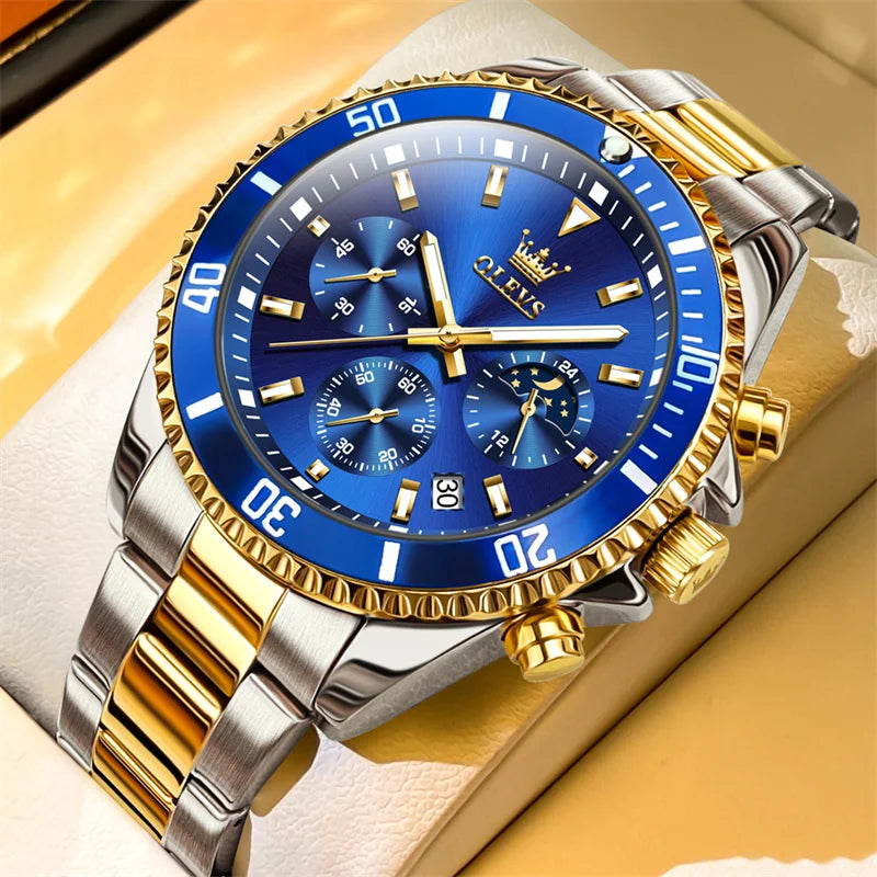 Montre OLEVS pour homme, marque de luxe, montre militaire à quartz dorée, étanche, date lumineuse, boîtier en acier inoxydable.