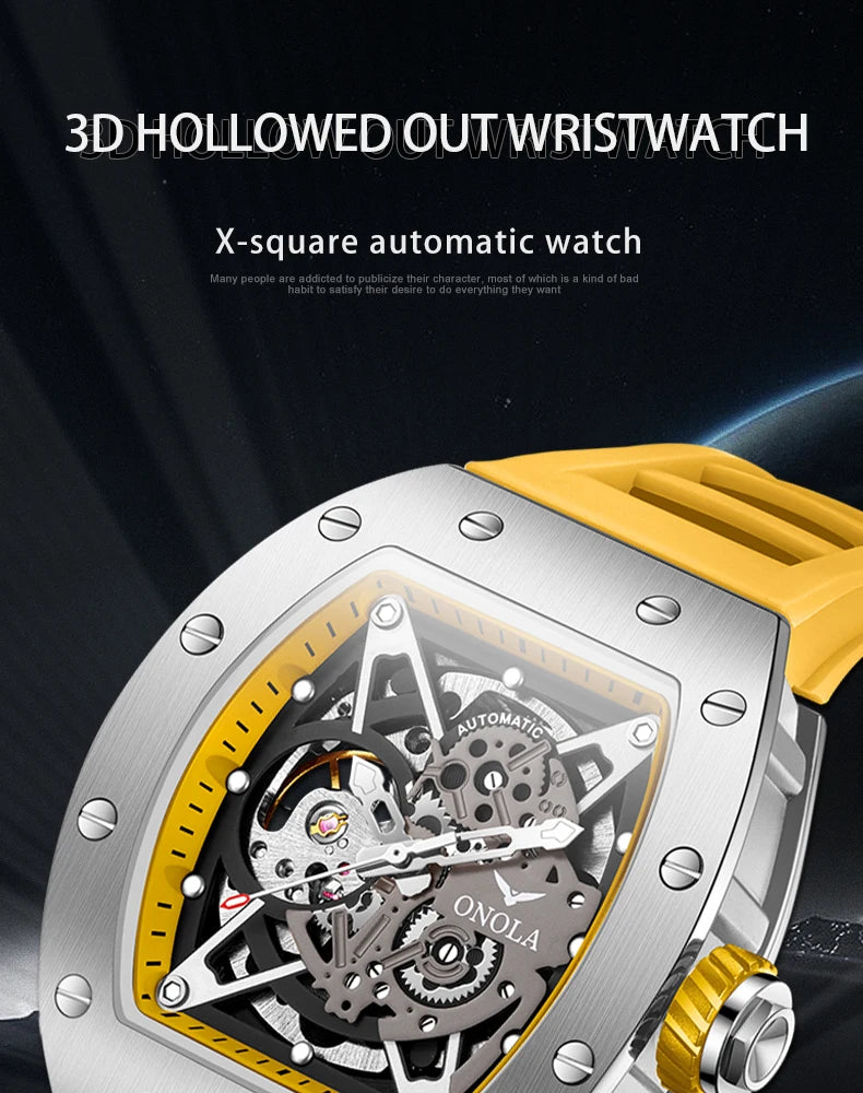 ONOLA Luxury Automatic Watch Men Fashion Hollow Silicone Waterproof Mechanical Watch Men Military Sports Watch Clock