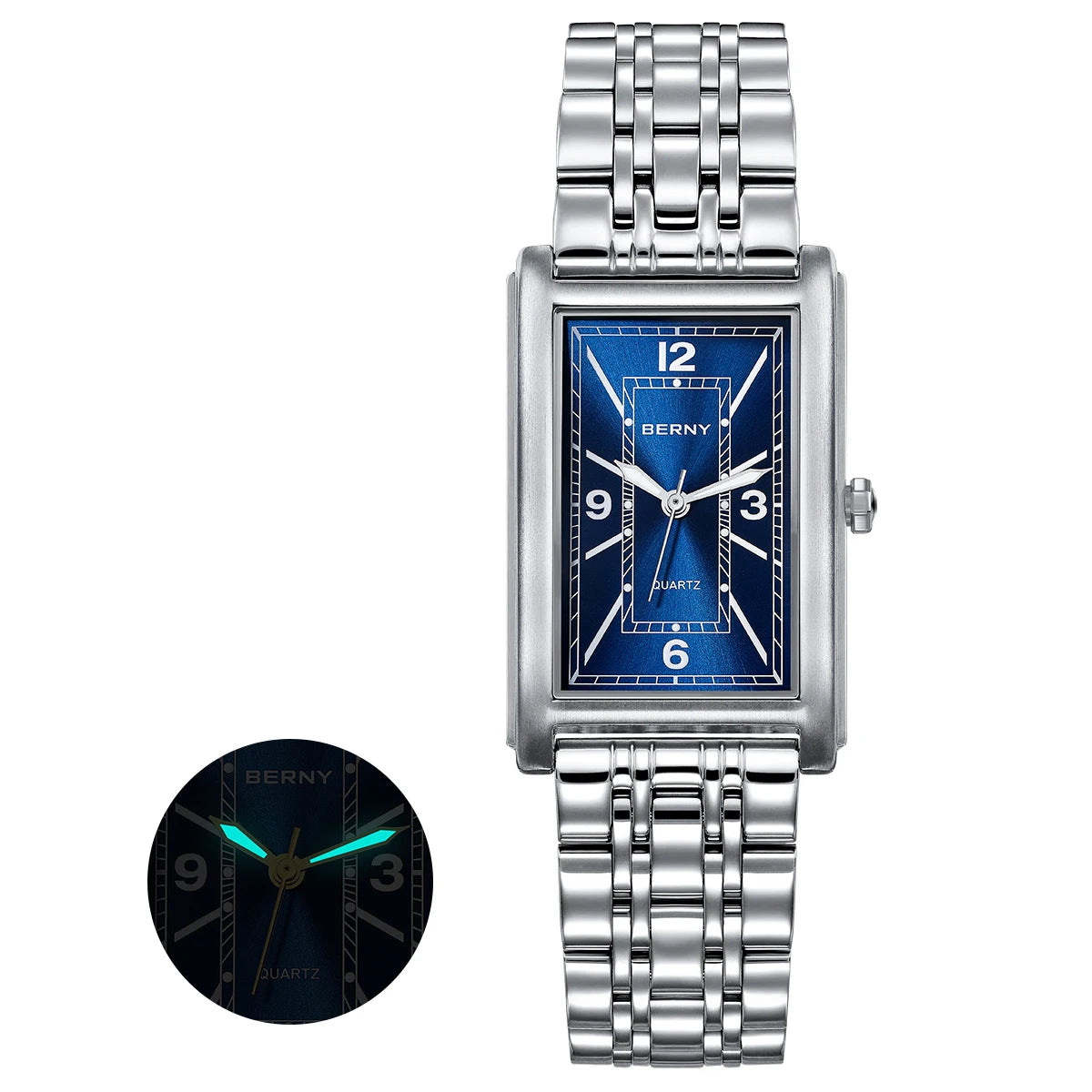 Montre carrée pour homme BERNY – Mouvement à quartz, cadran à chiffres romains, affichage luminescent, boîtier en acier inoxydable 316L – Montre rectangulaire élégante et décontractée