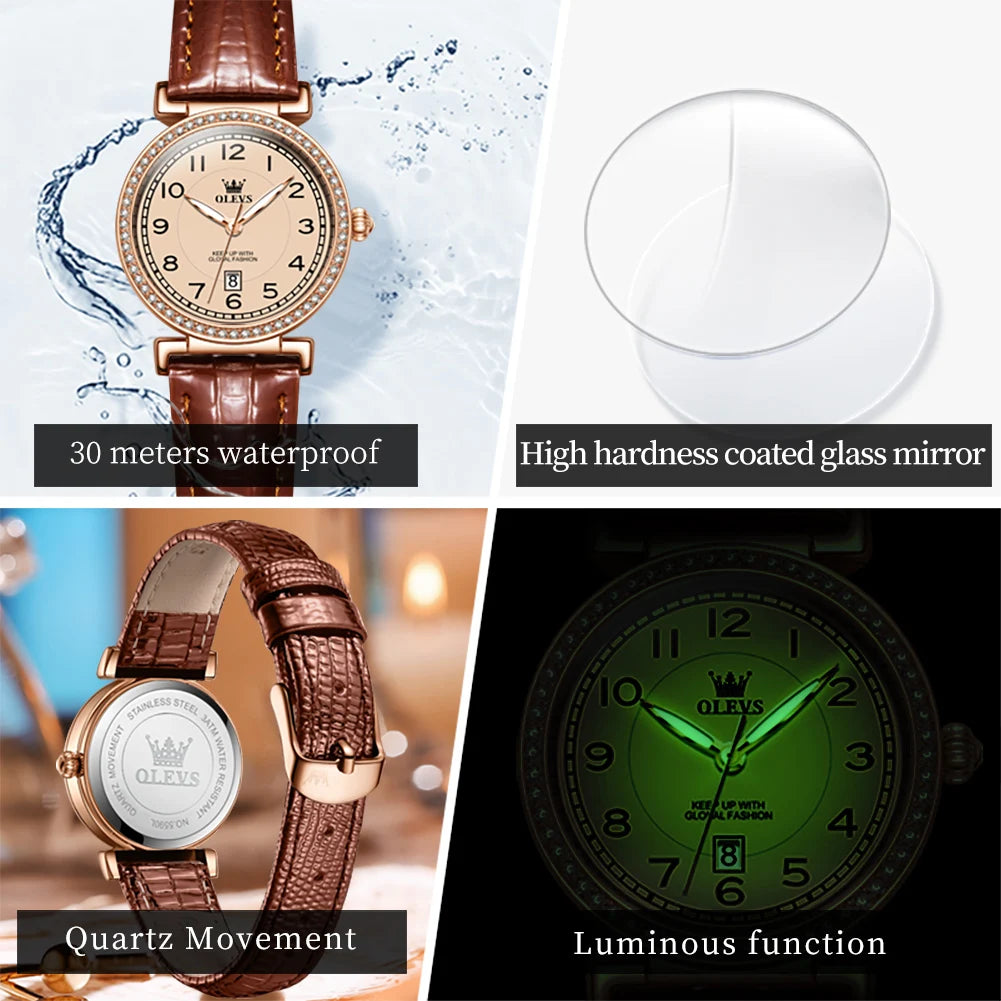 OLEVS 2025 New Fashion Womens Watches Top Brand Luxury Leather Strap Waterproof Calendar Diamond  Quartz Watch Relogio Feminino