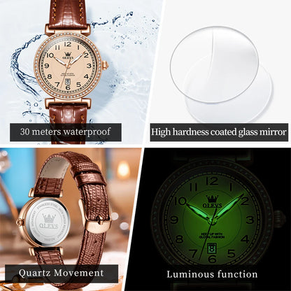 OLEVS 2025 New Fashion Womens Watches Top Brand Luxury Leather Strap Waterproof Calendar Diamond  Quartz Watch Relogio Feminino