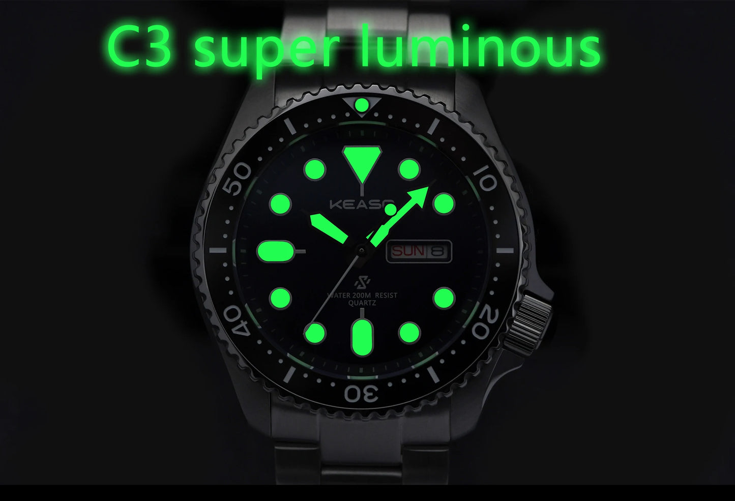 KEASO Top Men Dive Watch C3 Super Luminous 316L Solid Steel 20Bar Waterproof Sapphire Mirror MIYOTA 2035 Quartz Movement Watch