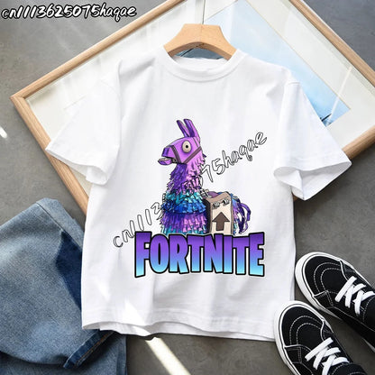 T-shirts Infantis Fortnite Novidade de Verão, T-shirt com Figura de Desenho Animado, Estampado Gráfico, Casual e Desportivo, Manga Curta, Tops Desportivos para Criança, Roupa para Rapazes