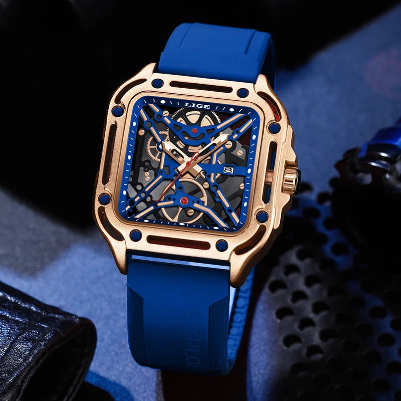 LIGE New Fashion Men Watches Luxury Large Dial Square Design Quartz Watch Casual Silicone Band Men's Sports Watches Reloj Hombre