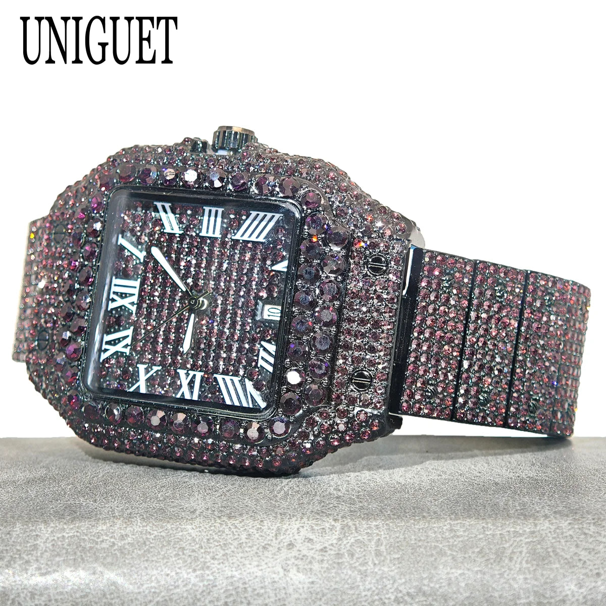 Green Diamond Watch For Men Brand UNIGUET Fashion Roman Literal Quartz Clock Man Hip Hop Iced Jewelry Square Wristwatch 2025 New