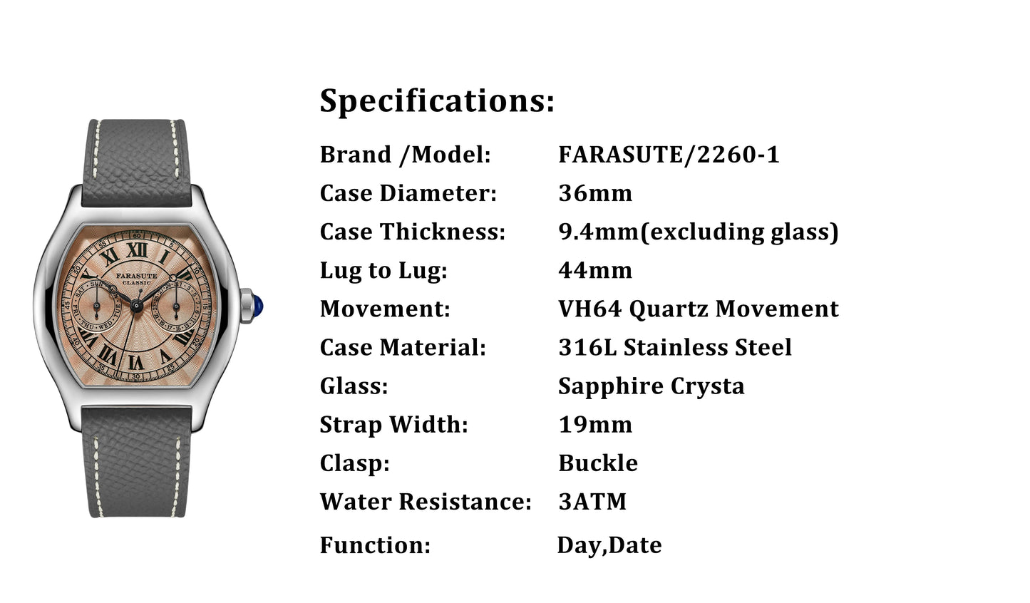 FARASUTE 36mm Luxury Retro Men Quartz Watch VH64 Movement Stainless Steel Sports Fashion Sapphire Glass Waterproof Watch Relogio