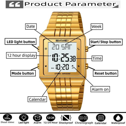 Skmei Luxury Digital Watches for Mens LED Waterproof Date Week Display Chronograph Fashion Dual Time Zones Bracelet Steel Watch