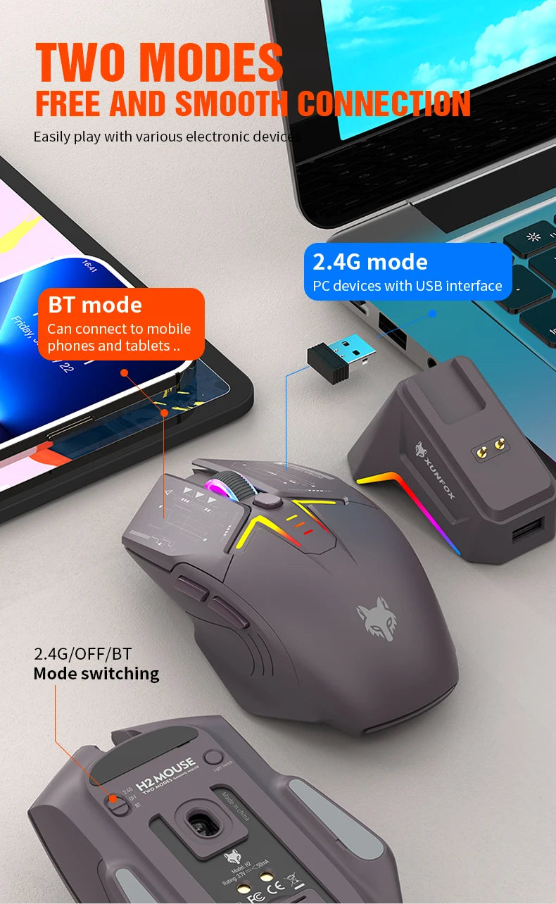 XUNSVFOX H2 trådløs Bluetooth-mus med dual-mode, RGB-lyseffekt, til laptop, gaming og kontor, med magnetisk opladning
