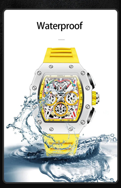 ONOLA Fashion Mens Tonneau Watches Waterproof Chronograph Quartz Clock Sports Silicone Strap White Wristwatch Luxury 2024 New