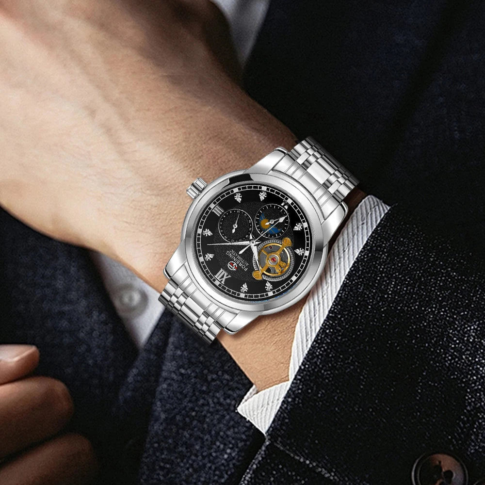 Orologio meccanico automatico da uomo Forsining – Stile lussuoso, business e alla moda, bracciale in metallo, tourbillon, lancette luminescenti, impreziosito da diamanti sintetici