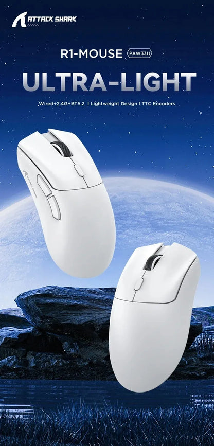 Ултралека мишка ATTACK SHARK R1 59g с PAW3311, 18000DPI, 400IPS, 40G, 1000Hz, три режима, основен чип Broadcom BK3633, 20 милиона кликвания