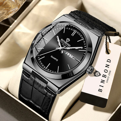 BINBOND Luxury leather strap quartz wristwatches precise luminous waterproof auto date week display durable men's watch reloj