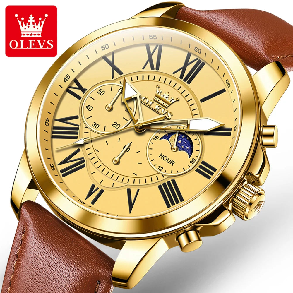 OLEVS 3632 Men Watch Elegant Luxury Sport Quartz Watch Scale Waterproof Luminous Automatic Date Moon Belt Watch Gifts Original