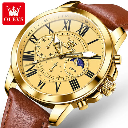 OLEVS 3632 Men Watch Elegant Luxury Sport Quartz Watch Scale Waterproof Luminous Automatic Date Moon Belt Watch Gifts Original