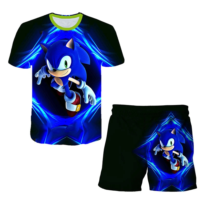 2026 Sonic The Hedgehog 3D T-shirt Set for Boys and Girls: Cute Summer Top + Shorts - Children's Short-Sleeve Birthday Gift