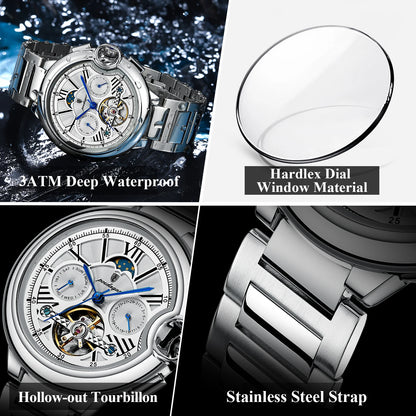 POEDAGAR Luxury Male Watch Tourbillon Date Week Stainless Steel Men Watch Waterproof Automatic Mechanical Military Men's Watches