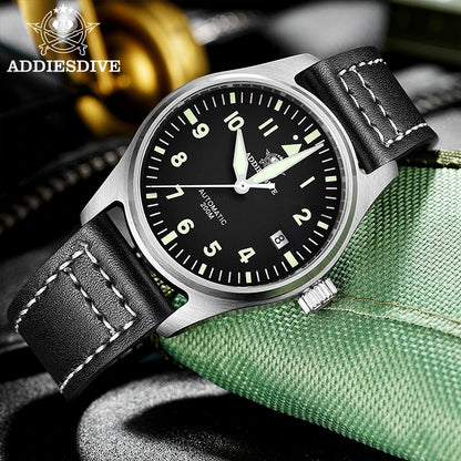 ADDIESDIVE Men's Automatic Mechanical Diving Watch 200m Waterproof C3 Ultra Bright Men's Watch Men's Leather Retro Watch AD2519