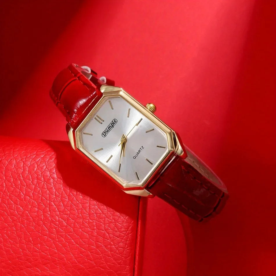 Luxury Women's Watches Elegant Womens Quartz Watch Analog Red PU Leather Designer Square Dial Wrist Watch Ideal Choice for Gifts