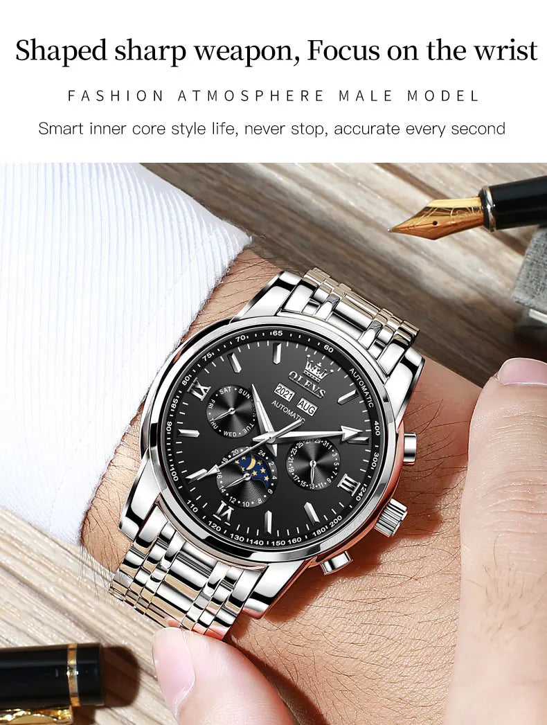 OLEVS 6633 Luxury Men's Watches Automatic Green Watch Men Stainless Steel Waterproof Business Sport Mechanical Wristwatch 6633