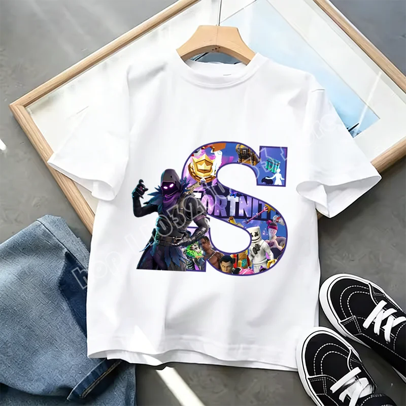 Tricou Fortnite cu imprimeu alfabet A-Z, de vară, pentru copii, alb, îmbrăcăminte cu joc cartoon popular, tricou fashion casual cu mânecă scurtă, cadou