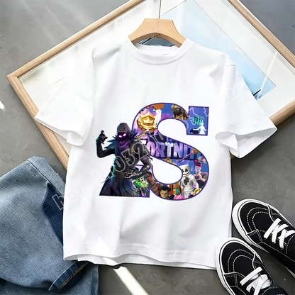 Tricou Fortnite cu imprimeu alfabet A-Z, de vară, pentru copii, alb, îmbrăcăminte cu joc cartoon popular, tricou fashion casual cu mânecă scurtă, cadou