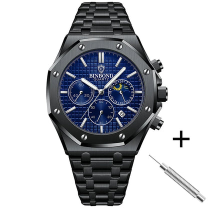 BINBOND 0161 Brand Man Quartz Watch Luxury Luminous Chronograph Wristwatch Stainless Steel Waterproof Men Date Calendar Clock