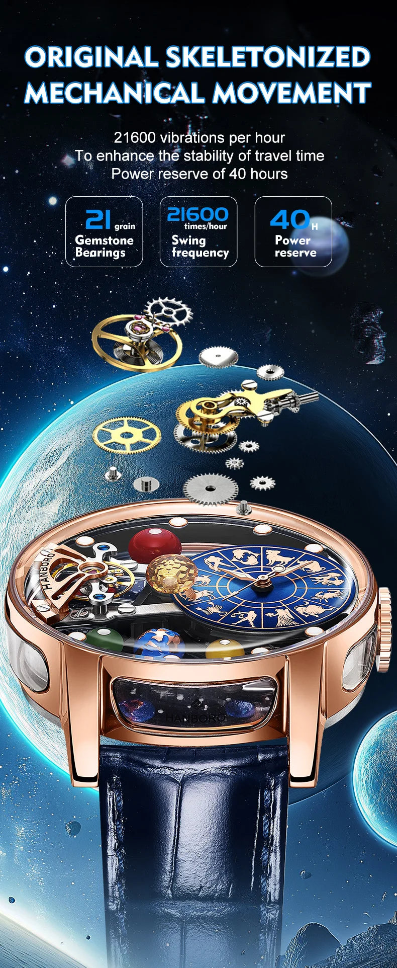 HANBORO Celestial Series 12 Constellation Men's Fully Automatic Mechanical Watch with Starry Sky Night Light Trend Watch