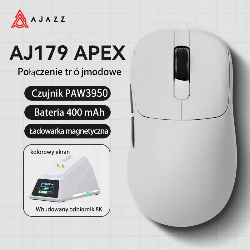 AJAZZ AJ179 APEX Gaming Mouse with Color Screen Dock, Magnetic Charging, 8000Hz High-Frequency, Tri-Mode (PAW3950) Right-Handed