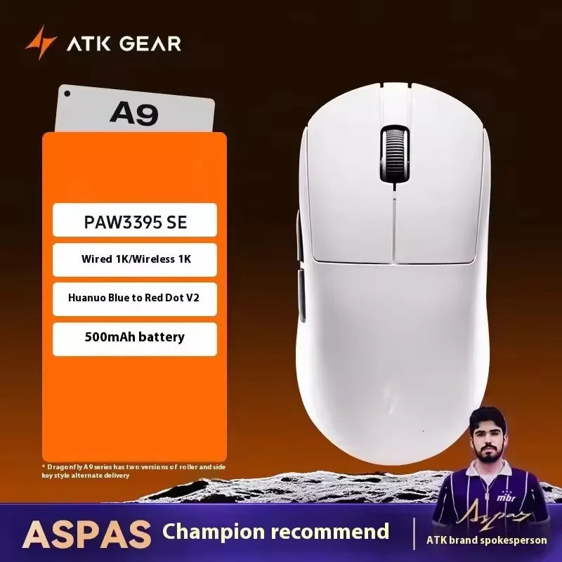 Bezdrátová herní myš ATK A9 s technologií NearLink, ergonomická, PAW3395, třírežimové Bluetooth, nízká latence, e-sportovní myš pro PC