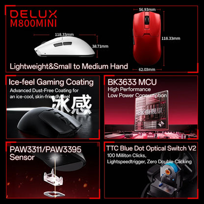 Delux M800mini vezeték nélküli gaming egér, 46g könnyű kivitel, PAW3395/PAW3311, 1KHz lekérdezési frekvencia kis és közepes kezű PC-játékosoknak
