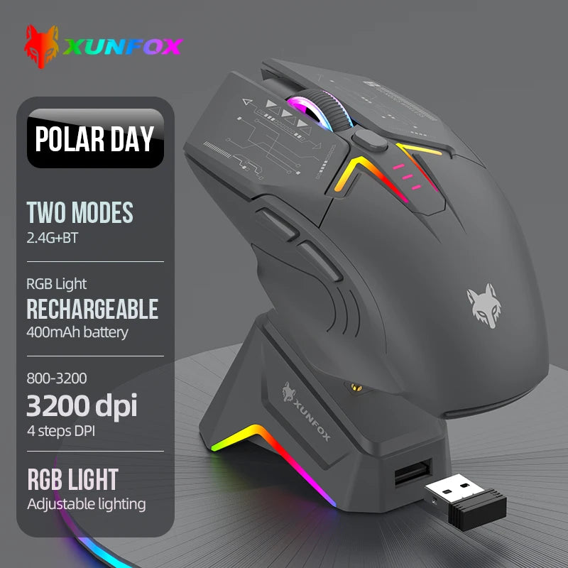 XUNSVFOX H2 trådløs Bluetooth-mus med dual-mode, RGB-lyseffekt, til laptop, gaming og kontor, med magnetisk opladning