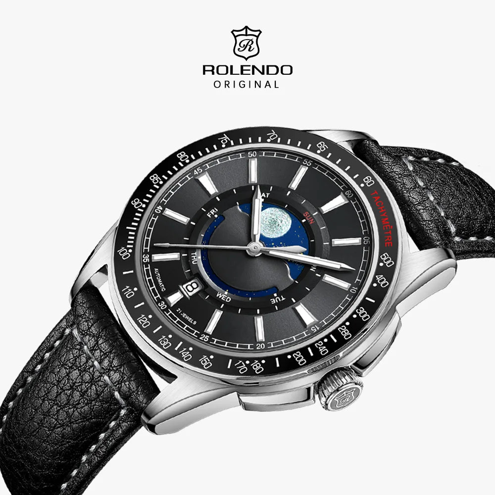 ROLENDO 1908 Men Automatic Mechanical Watch 21 Jewels Black Genuine Leather Business Wristwatch Waterproof Luxury Male Timepiece