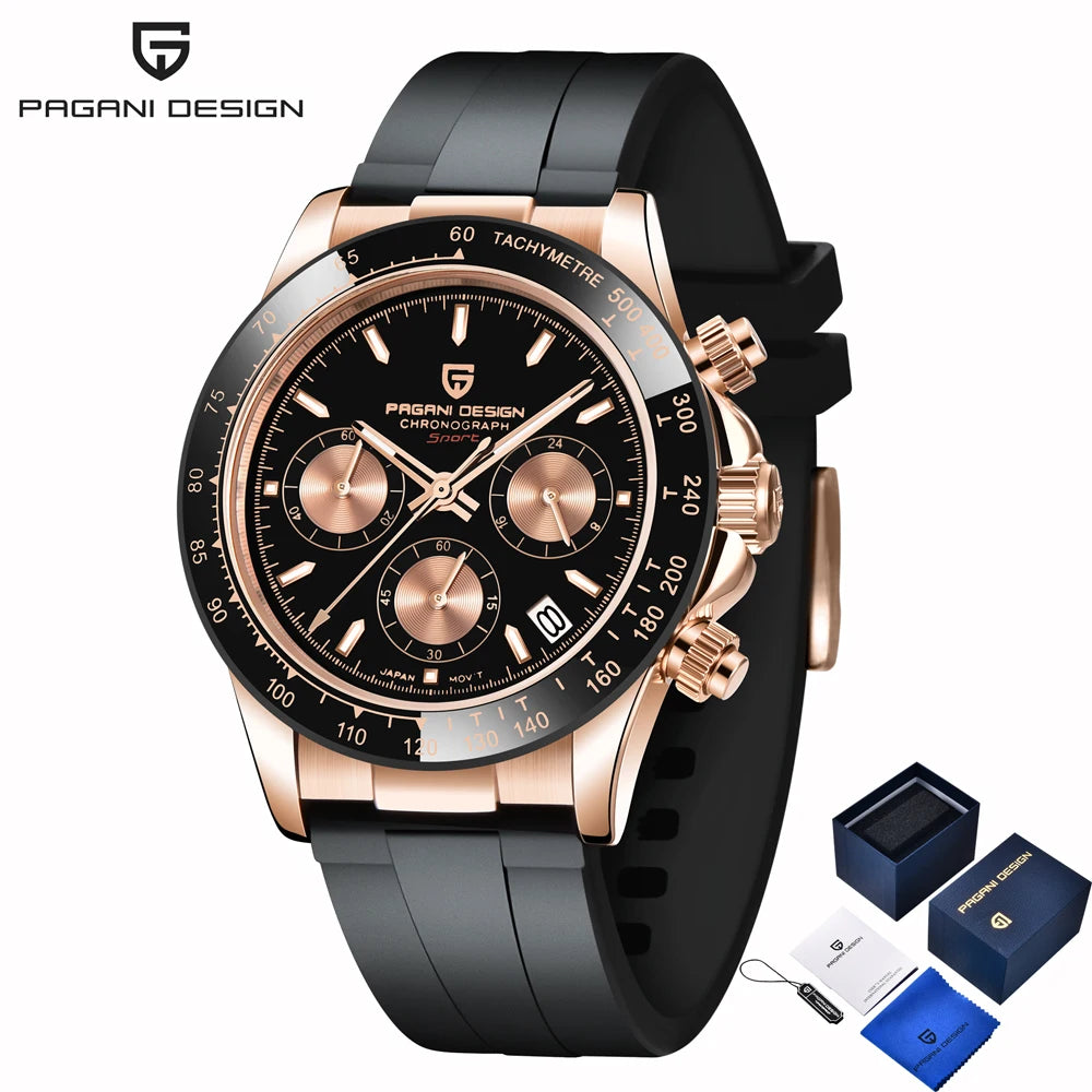 PAGANI DESIGN New Gold Blue Luxury Quartz Watch For Men Gift Box VK63 Movt Chronograph Sapphire Crystal Stainless Steel Watch
