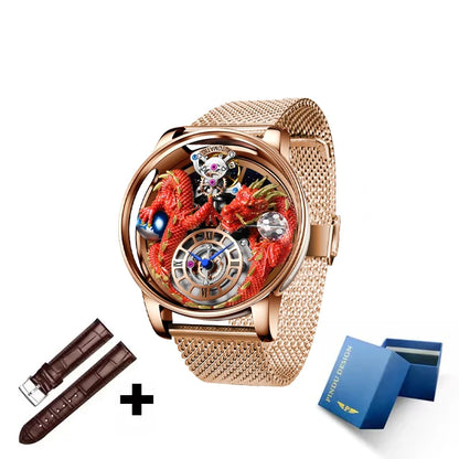 PINDU Fashion Roman Numeral Display Mineral Tempered Glass Material Quartz Movement 3ATM Waterproof Celestial Dragon Men's Watch