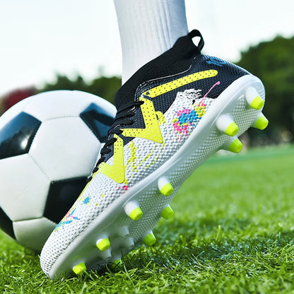 AG/FG Long Studs Soccer Shoes, PU Fabric Mixed Upper, TPU Sole Wear-Resistant Anti-Slip, Men Women Kids Youth Outdoor Sports