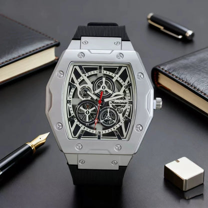 New Fashion Luxury Man Tonneau Hollow Skeleton Faux Mechanical Watch Men Militray Sports Silicone Quartz Watches Reloj Hombre