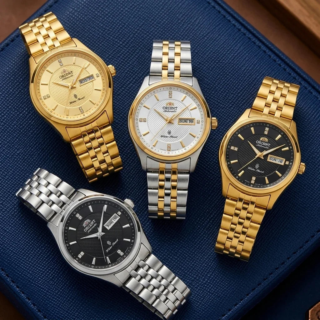 Relógio mecânico automático para homem da Orient, com calendário duplo (data e dia da semana), índices em cristal e bracelete em aço inoxidável – Relógio de pulso de estilo profissional