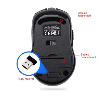 E-YOOSO E-1020 USB 2.4G trådlös gamingmus, tyst ljudlös kontorsmus, 2400 DPI optisk spelmus, ergonomisk för laptop, PC och dator