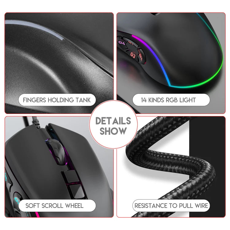 Kancelářská herní myš s kabelem 7200DPI, RGB podsvícení, 6 nastavitelných úrovní DPI, 10 programovatelných tlačítek, tlačítko návratu na plochu