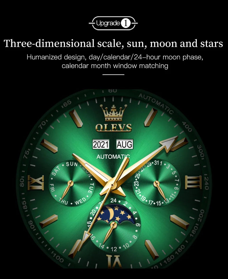 OLEVS 6633 Luxury Men's Watches Automatic Green Watch Men Stainless Steel Waterproof Business Sport Mechanical Wristwatch 6633