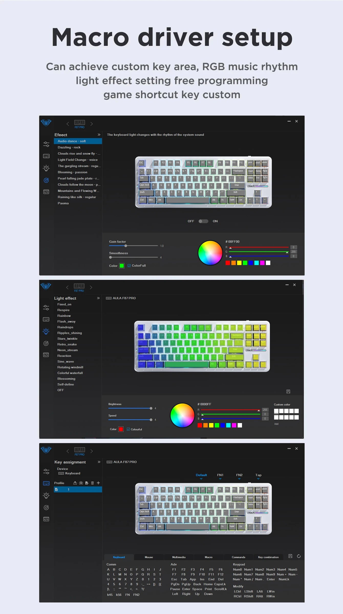 Teclado Mecânico AULA F87 Pro 2.4g/USB/Bluetooth sem fios trimodo, 87 teclas, RGB, PBT, estrutura gasket, 5 camadas de isolamento acústico, teclas completas sem impacto