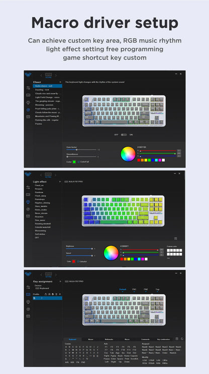 Teclado Mecânico AULA F87 Pro 2.4g/USB/Bluetooth sem fios trimodo, 87 teclas, RGB, PBT, estrutura gasket, 5 camadas de isolamento acústico, teclas completas sem impacto